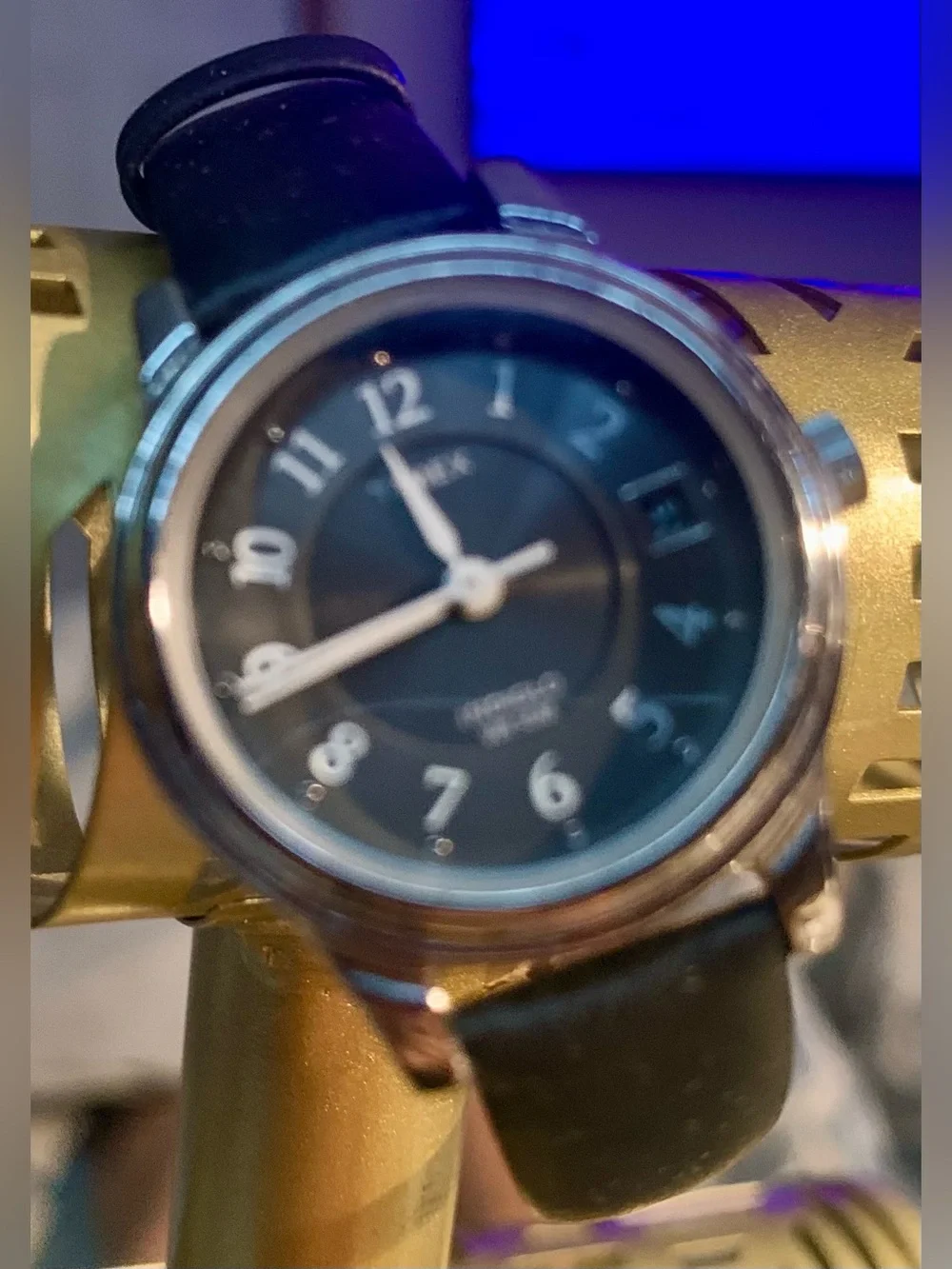 Timex Black Dial Silver Case Leather Strap Watch